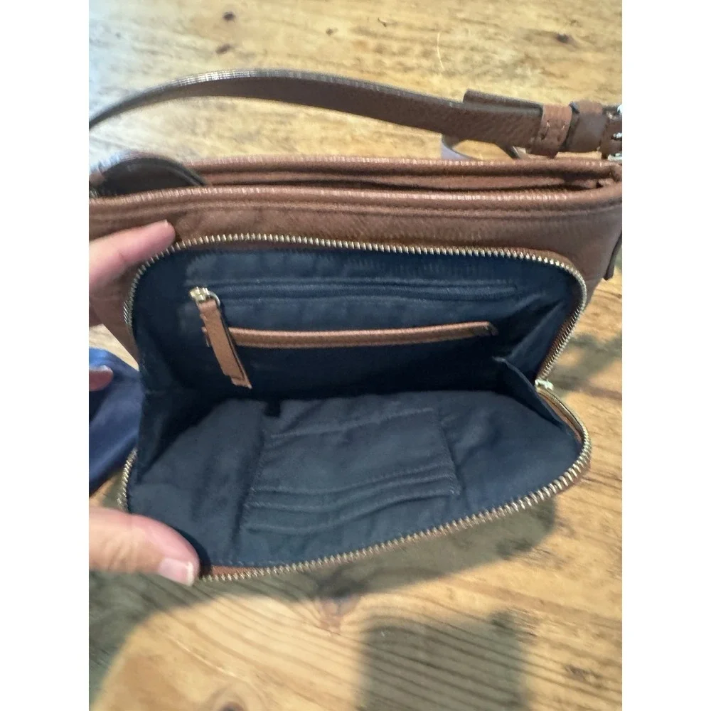 Cole Haan Brown Pebbled Leather Crossbody Bag Adjustable Strap Zip Pockets